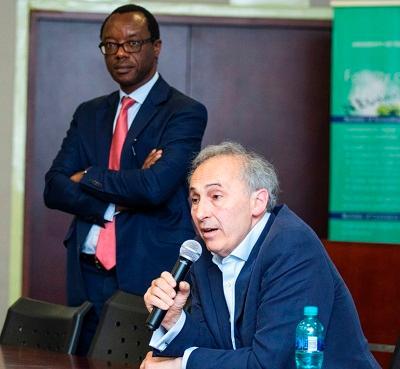 Prof Tawana Kupe (standing) and Sir Nicholas Stadlen QC at the screening of 